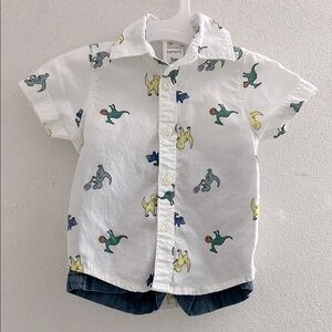 🦋 Carter's Dinosaur Print Kids Shirt and shorts set. White button down and denim